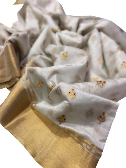 Elegant Off White Chanderi Handloom Pure Silk Flower Design Meenakari Saree - Luxurion World