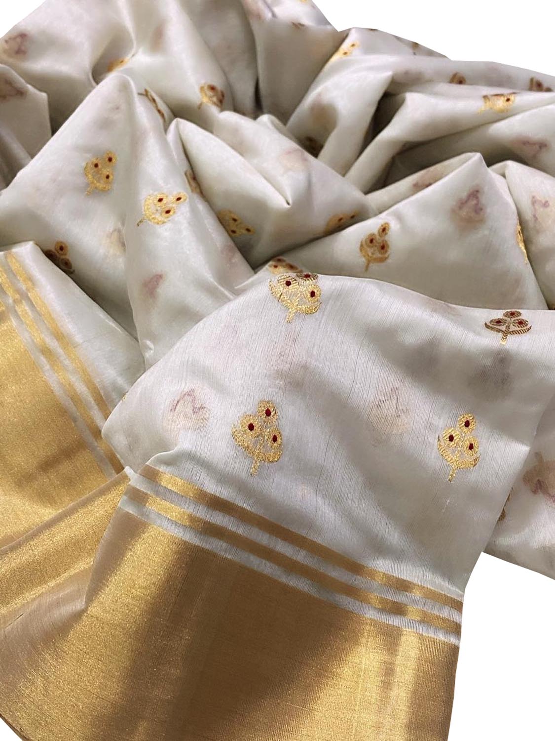 Elegant Off White Chanderi Handloom Pure Silk Flower Design Meenakari Saree - Luxurion World
