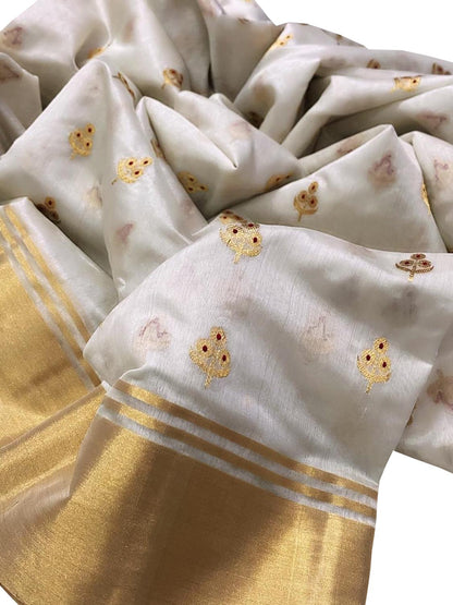 Elegant Off White Chanderi Handloom Pure Silk Flower Design Meenakari Saree - Luxurion World