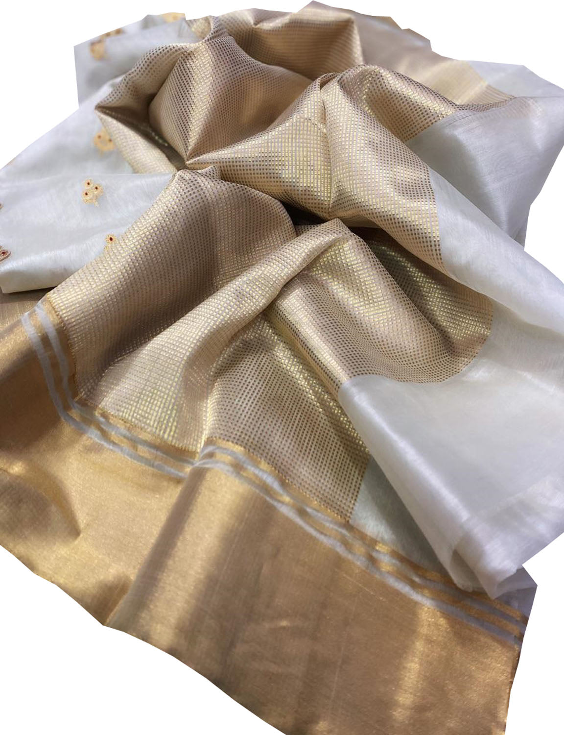 Elegant Off White Chanderi Handloom Pure Silk Flower Design Meenakari Saree - Luxurion World