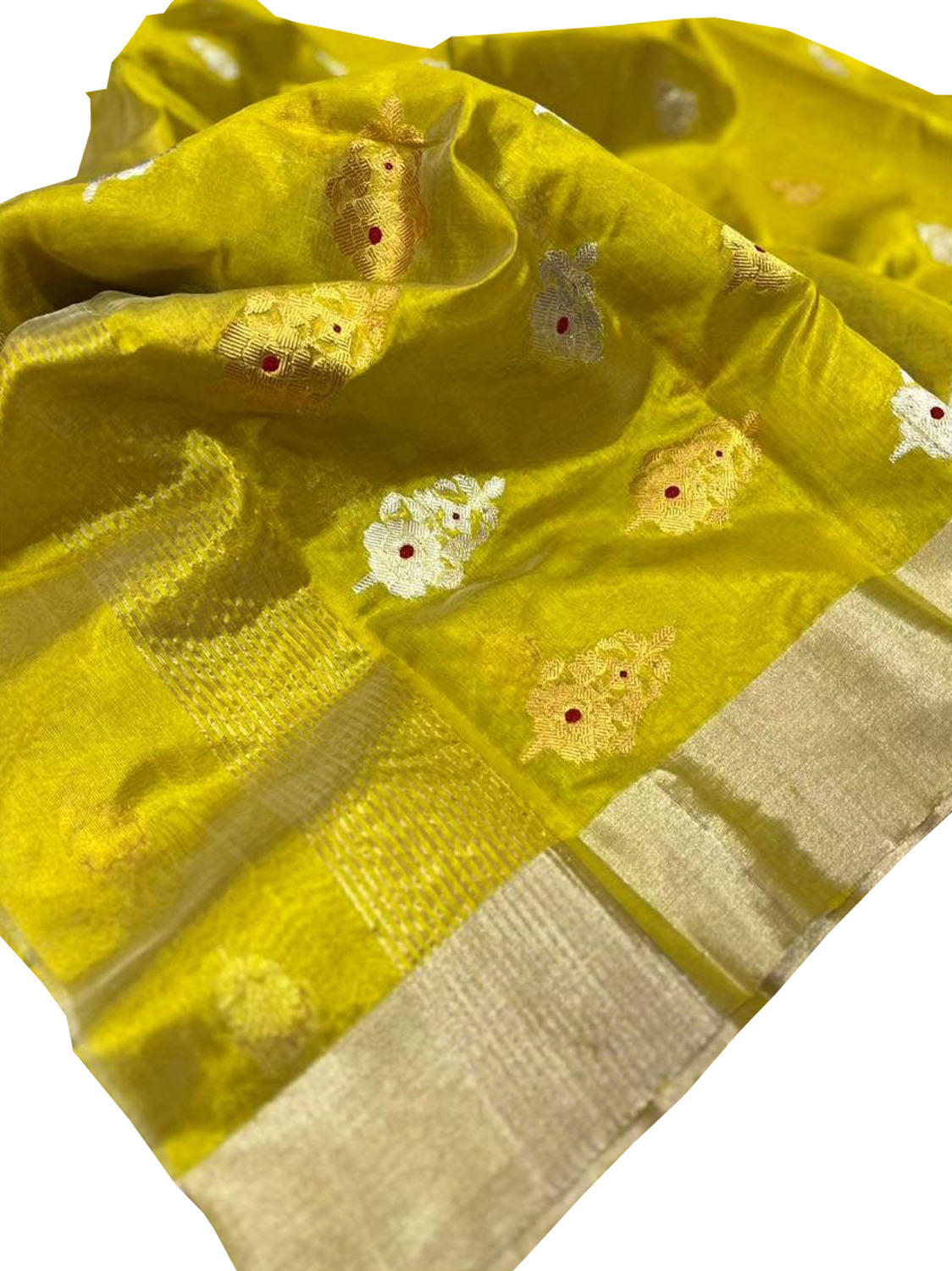 Yellow Chanderi Handloom Pure Silk Flower Design Meenakari Saree - Luxurion World