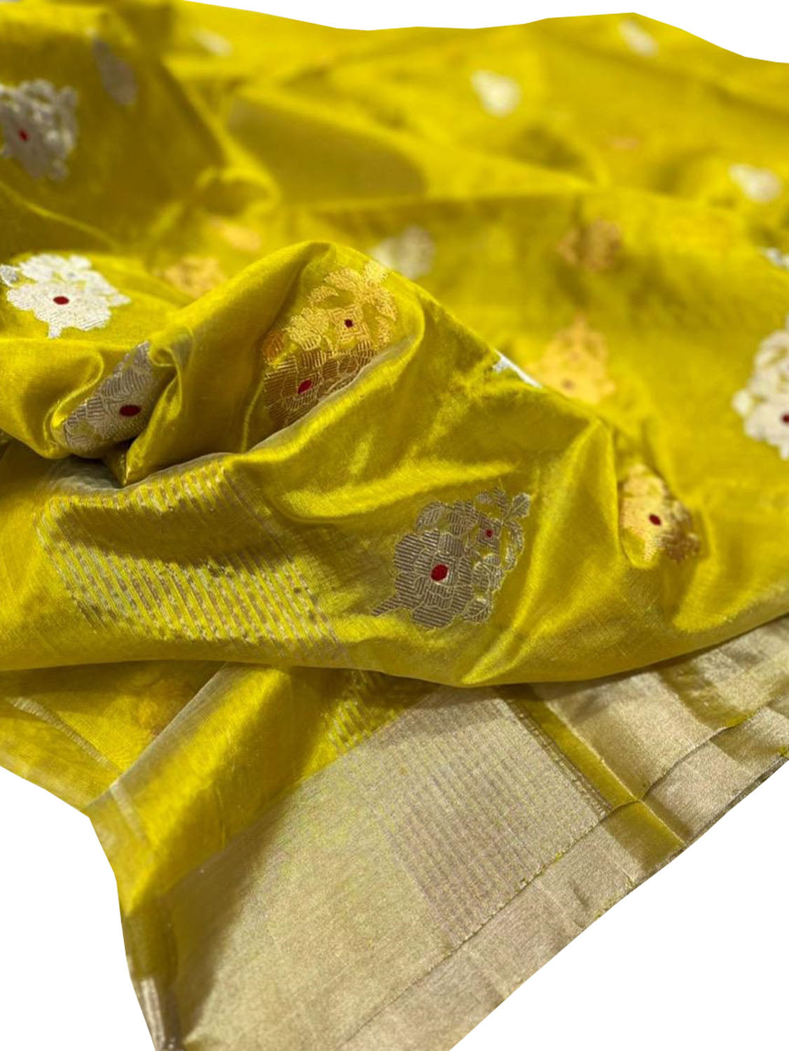 Yellow Chanderi Handloom Pure Silk Flower Design Meenakari Saree - Luxurion World