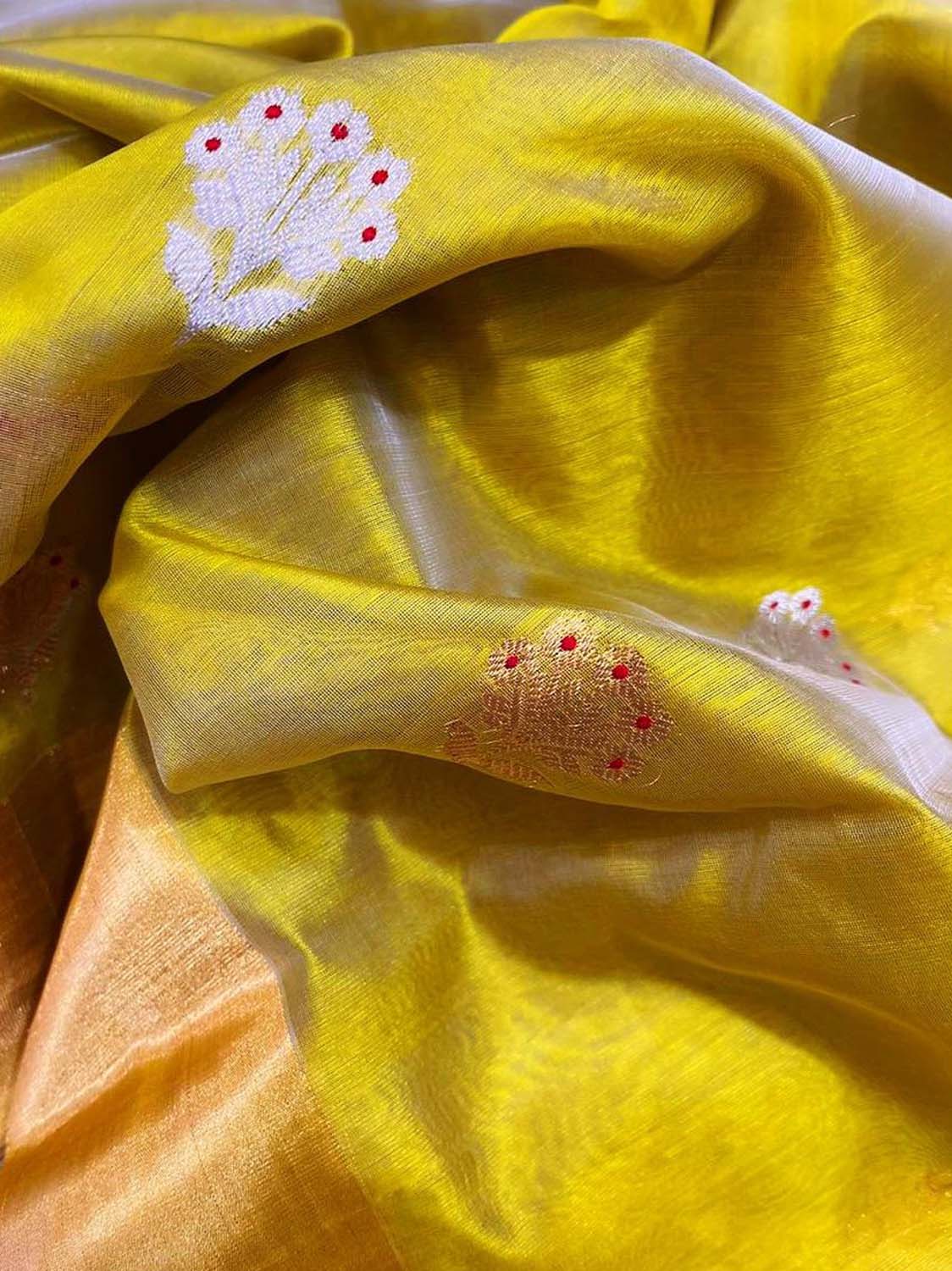 Yellow Chanderi Handloom Pure Silk Flower Design Meenakari Saree - Luxurion World