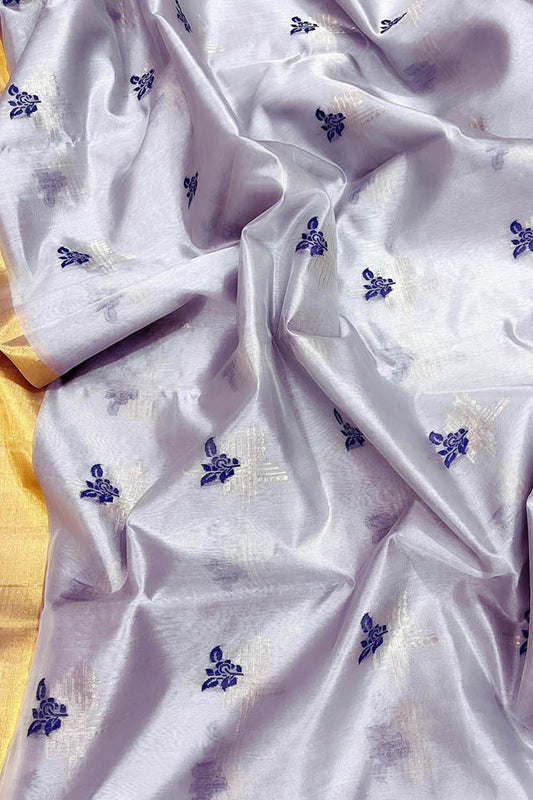 Elegant Purple Chanderi Handloom Pure Silk Flower Design Saree - Luxurion World
