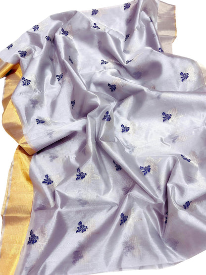 Elegant Purple Chanderi Handloom Pure Silk Flower Design Saree - Luxurion World