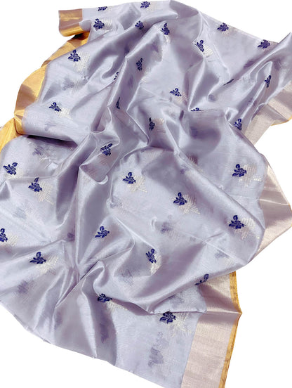Elegant Purple Chanderi Handloom Pure Silk Flower Design Saree - Luxurion World