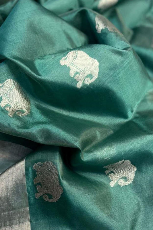 Green Chanderi Handloom Pure Silk Elephant Design Saree - Luxurion World