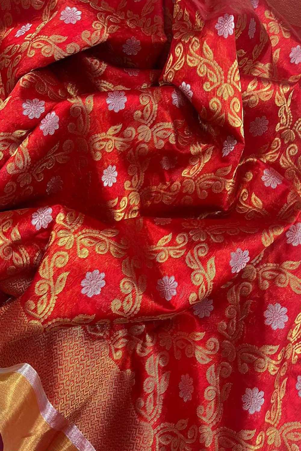 Stunning Red Chanderi Handloom Pure Silk Sona Roopa Flower Design Saree - Luxurion World