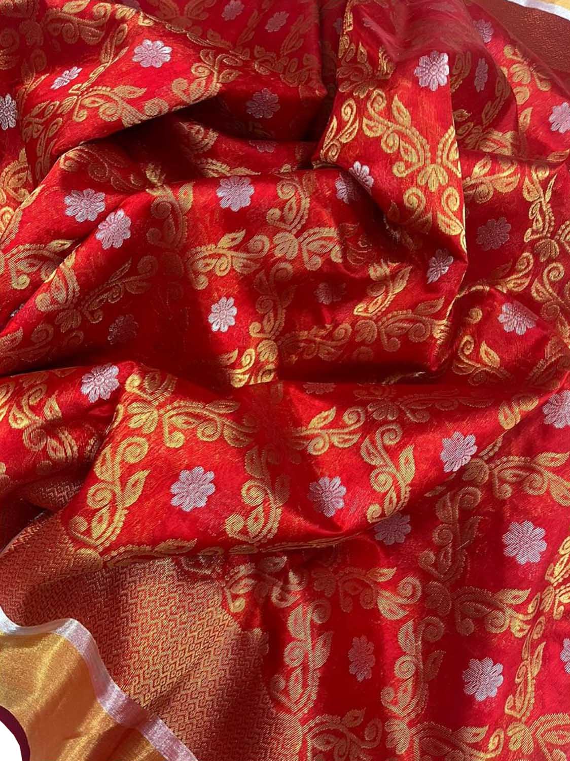 Stunning Red Chanderi Handloom Pure Silk Sona Roopa Flower Design Saree - Luxurion World