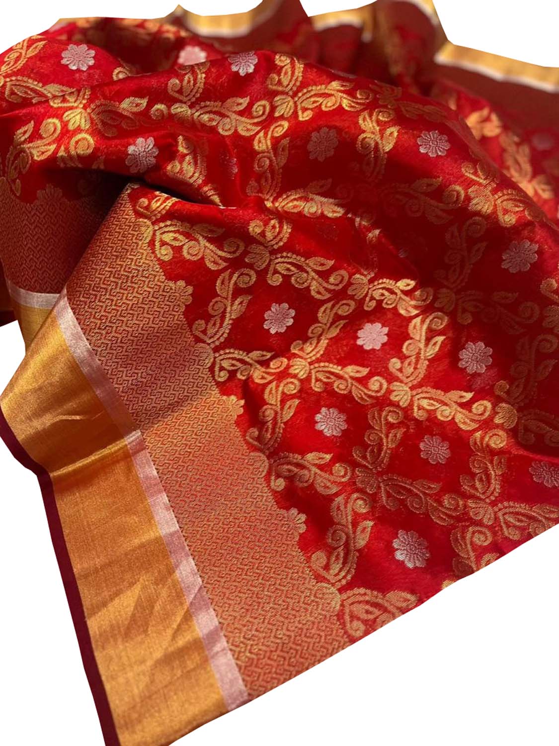 Stunning Red Chanderi Handloom Pure Silk Sona Roopa Flower Design Saree - Luxurion World
