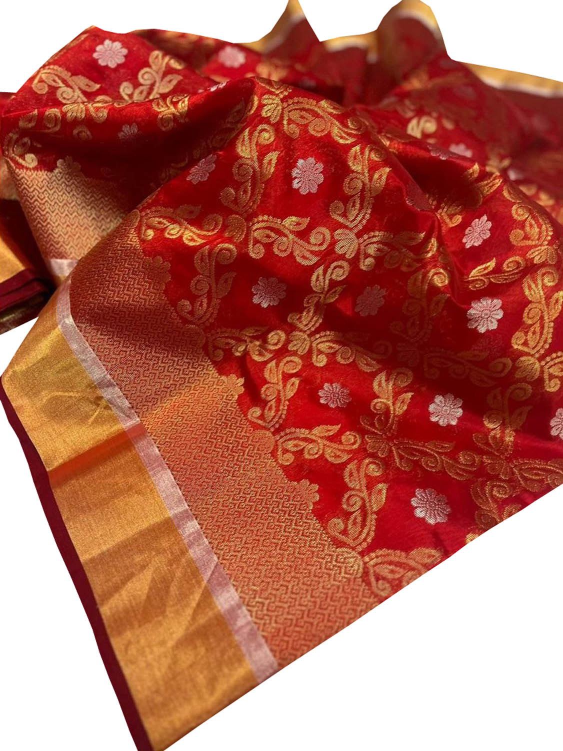Stunning Red Chanderi Handloom Pure Silk Sona Roopa Flower Design Saree - Luxurion World