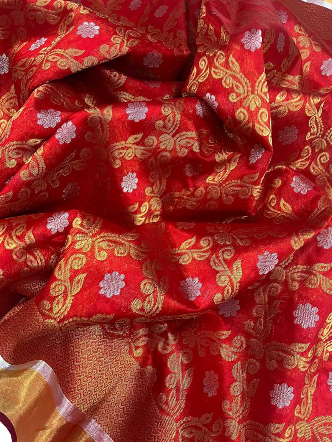 Stunning Red Chanderi Handloom Pure Silk Sona Roopa Flower Design Saree - Luxurion World