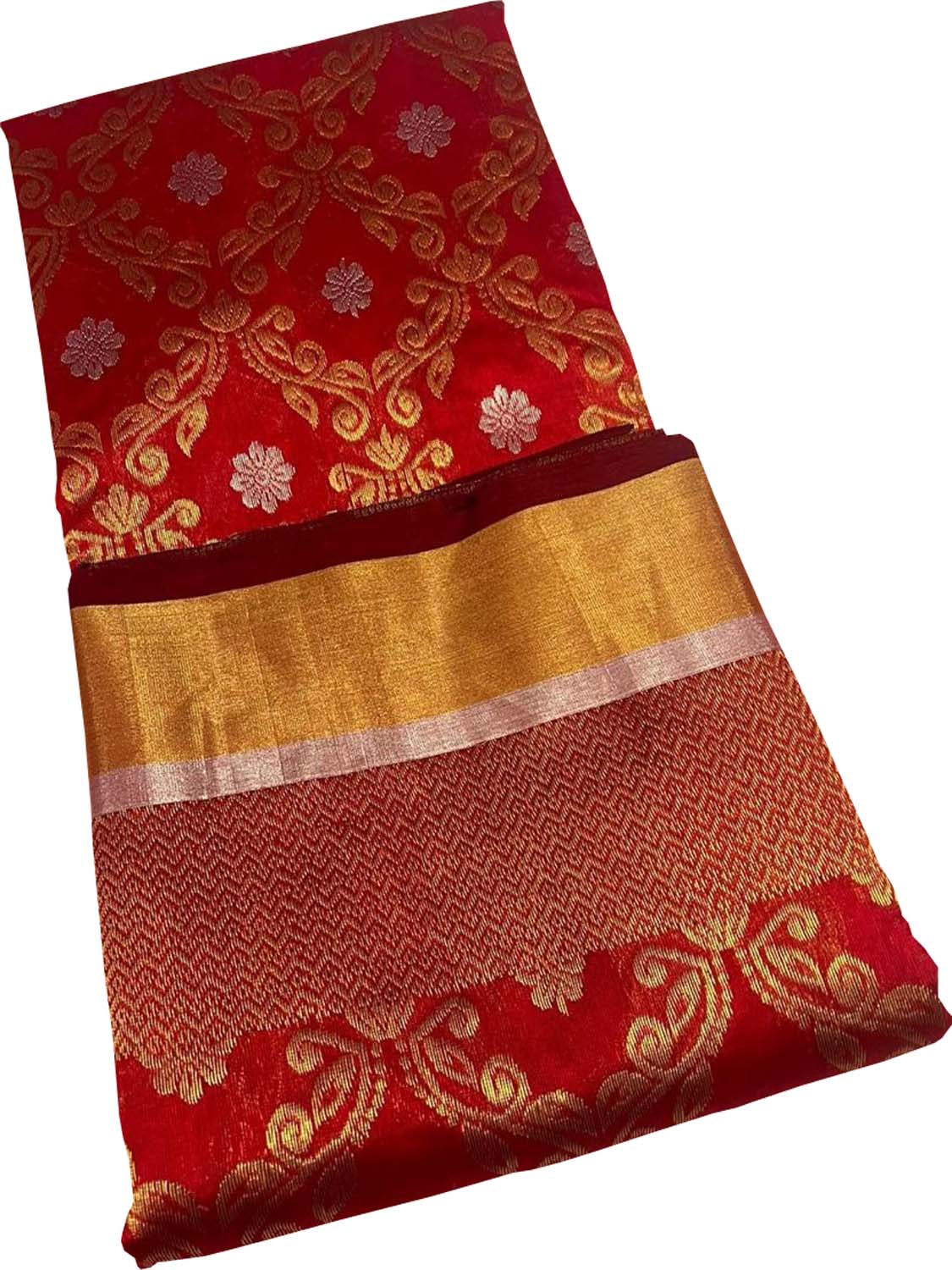Stunning Red Chanderi Handloom Pure Silk Sona Roopa Flower Design Saree - Luxurion World