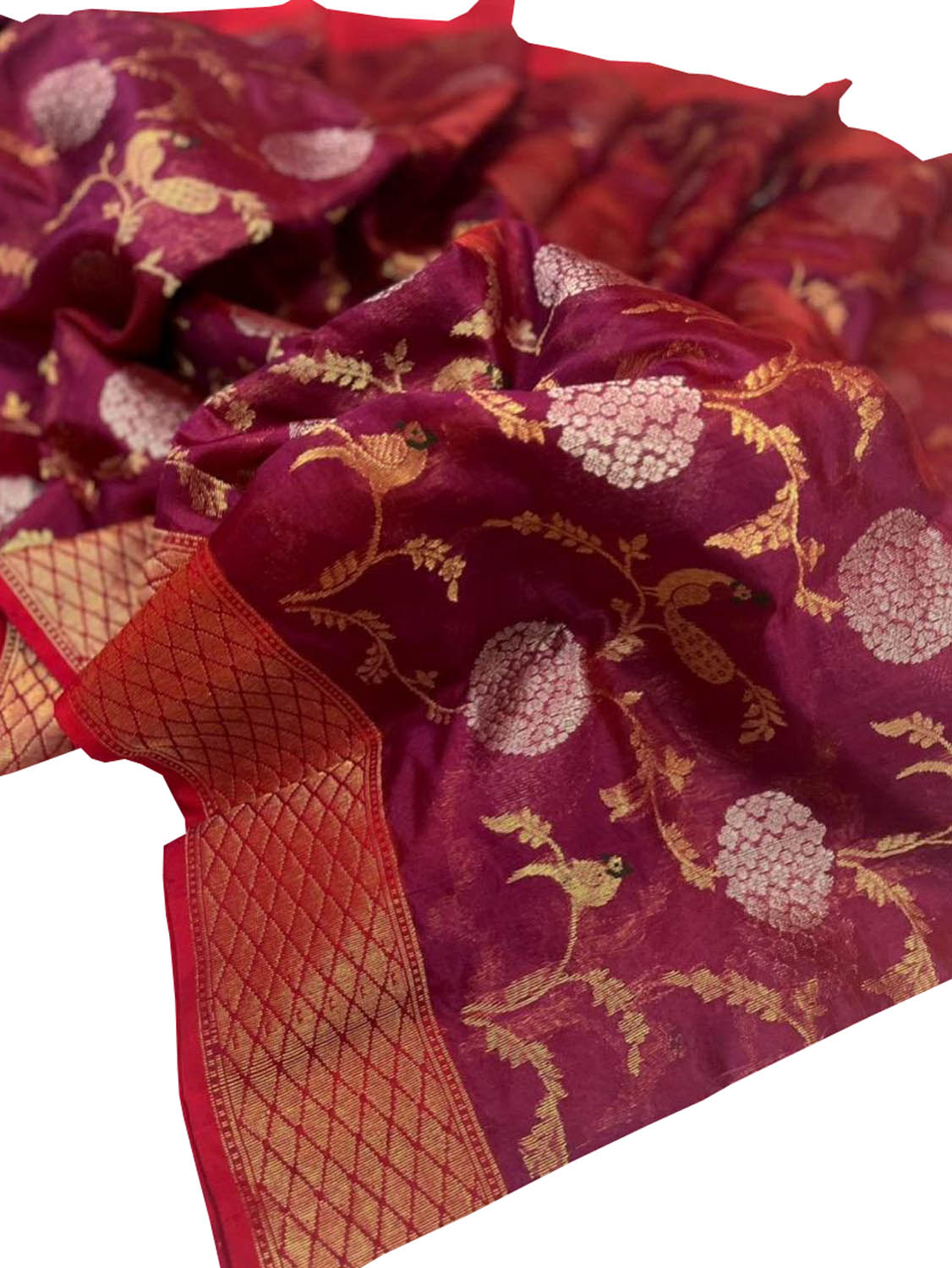 Elegant Maroon Chanderi Handloom Pure Silk Flower Design Saree - Luxurion World