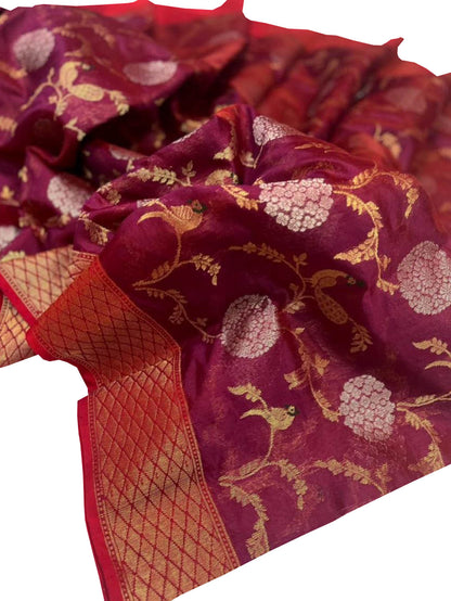 Elegant Maroon Chanderi Handloom Pure Silk Flower Design Saree - Luxurion World
