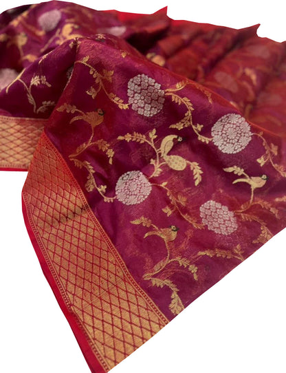 Elegant Maroon Chanderi Handloom Pure Silk Flower Design Saree - Luxurion World
