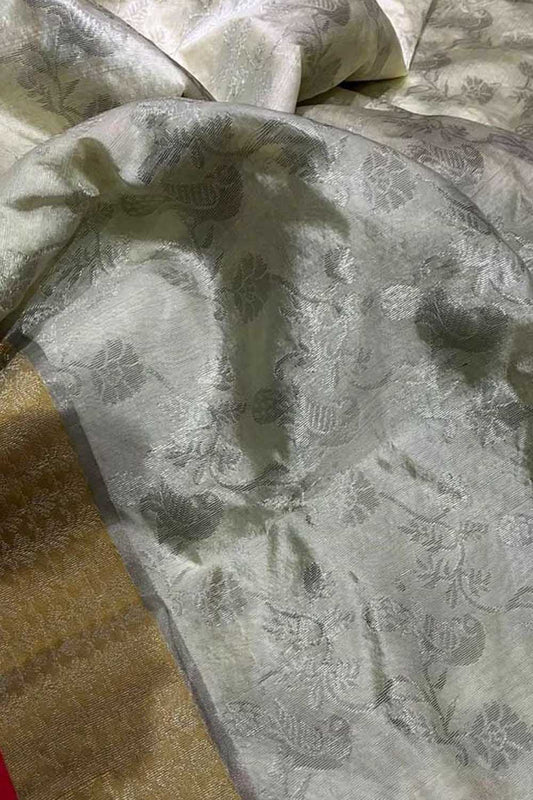 Elegant Off White Chanderi Handloom Pure Silk Flower Design Saree - Luxurion World