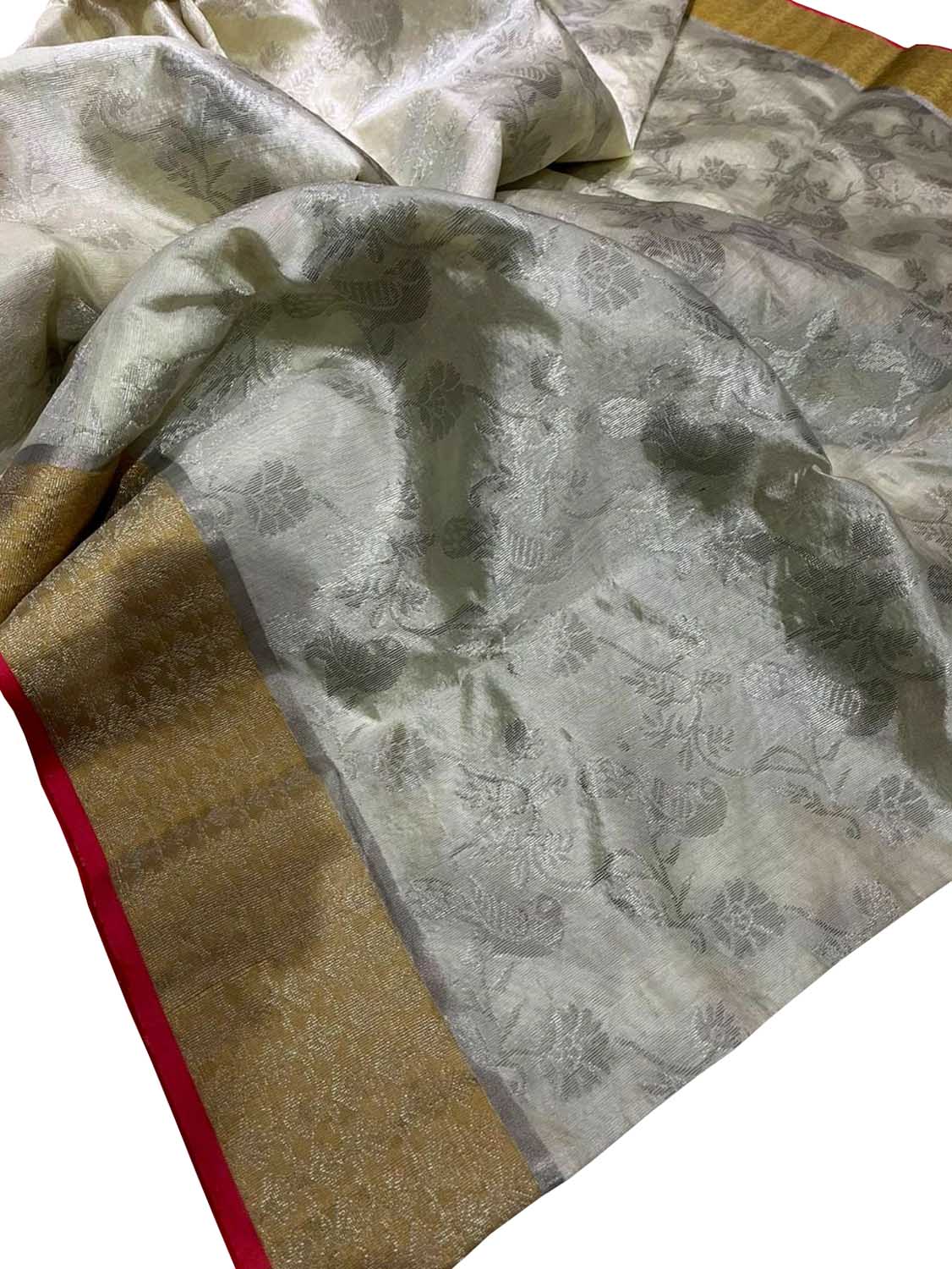 Elegant Off White Chanderi Handloom Pure Silk Flower Design Saree - Luxurion World