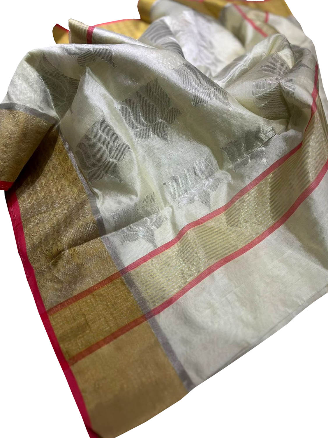 Elegant Off White Chanderi Handloom Pure Silk Flower Design Saree - Luxurion World