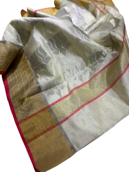 Elegant Off White Chanderi Handloom Pure Silk Flower Design Saree - Luxurion World