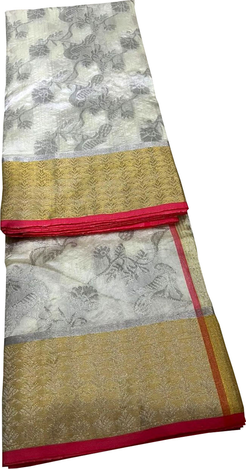 Elegant Off White Chanderi Handloom Pure Silk Flower Design Saree - Luxurion World