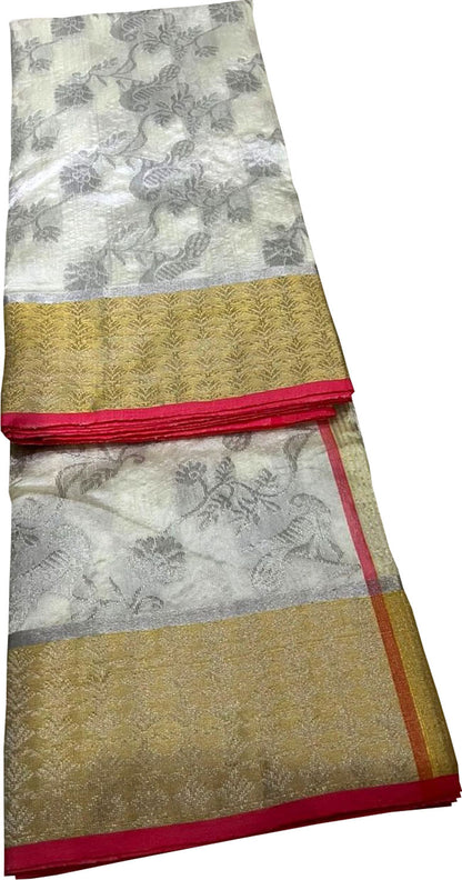 Elegant Off White Chanderi Handloom Pure Silk Flower Design Saree - Luxurion World