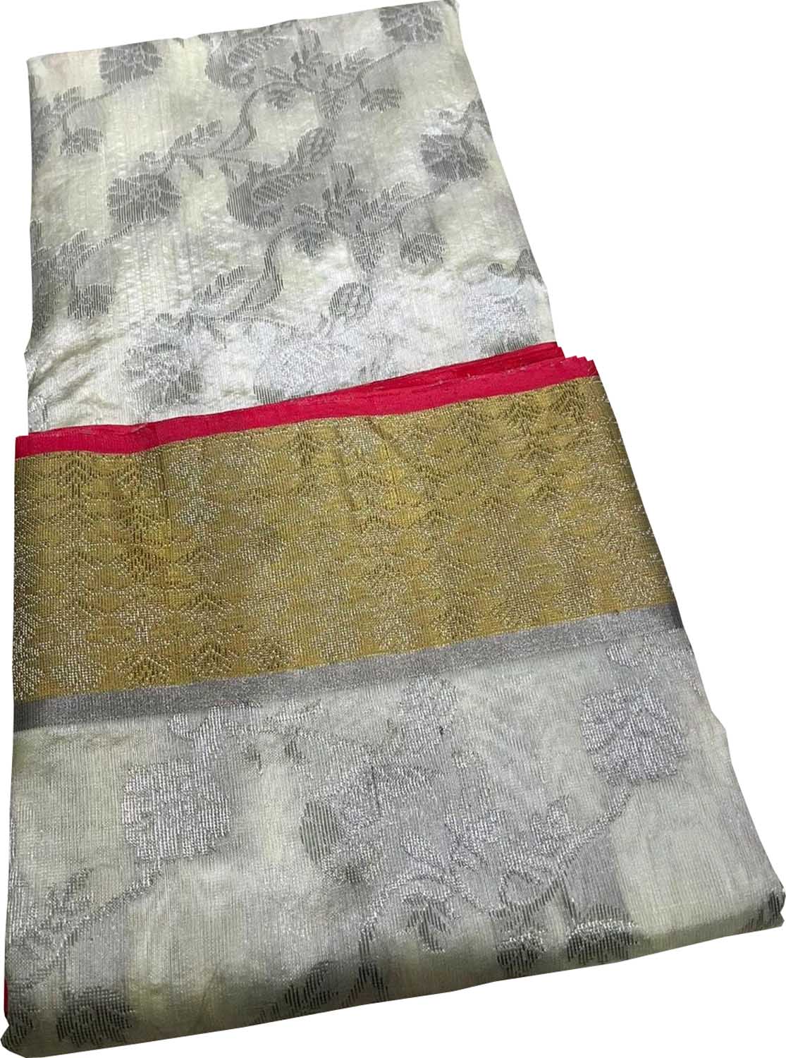 Elegant Off White Chanderi Handloom Pure Silk Flower Design Saree - Luxurion World