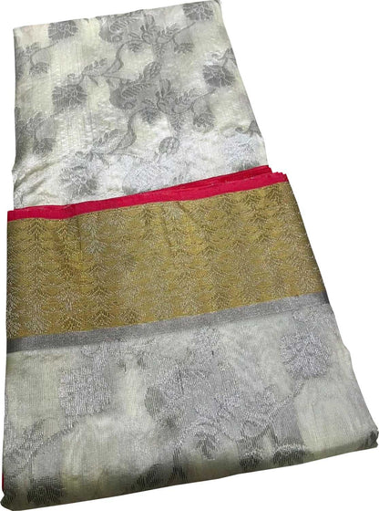 Elegant Off White Chanderi Handloom Pure Silk Flower Design Saree - Luxurion World