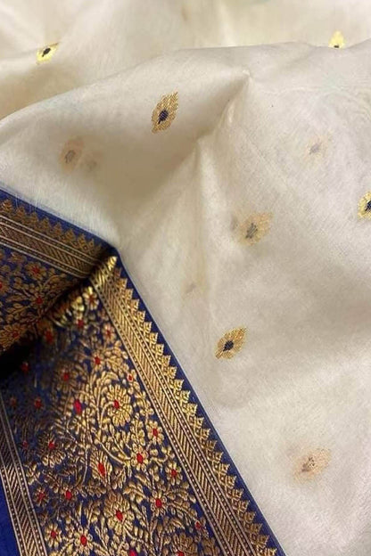 Elegant Off White Chanderi Handloom Pure Katan Organza Meenakari Saree - Luxurion World