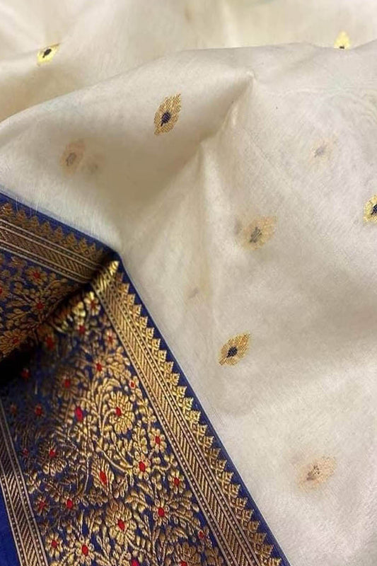 Elegant Off White Chanderi Handloom Pure Katan Organza Meenakari Saree - Luxurion World