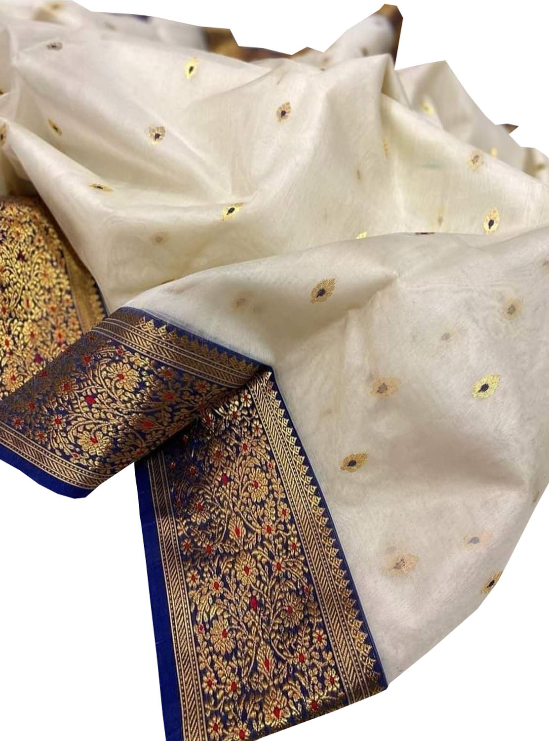 Elegant Off White Chanderi Handloom Pure Katan Organza Meenakari Saree - Luxurion World