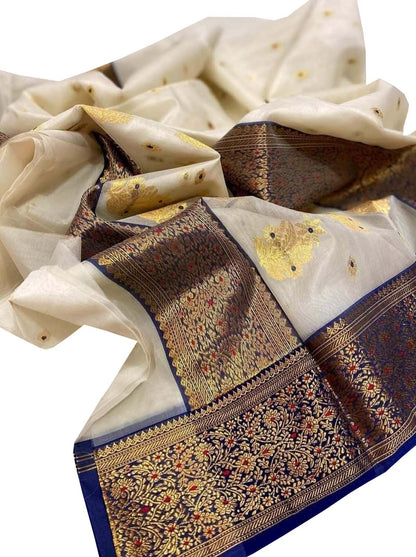 Elegant Off White Chanderi Handloom Pure Katan Organza Meenakari Saree - Luxurion World