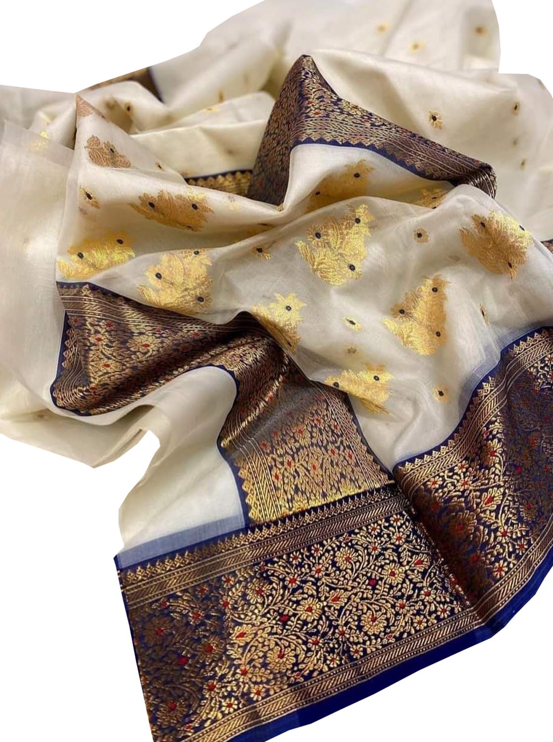 Elegant Off White Chanderi Handloom Pure Katan Organza Meenakari Saree - Luxurion World