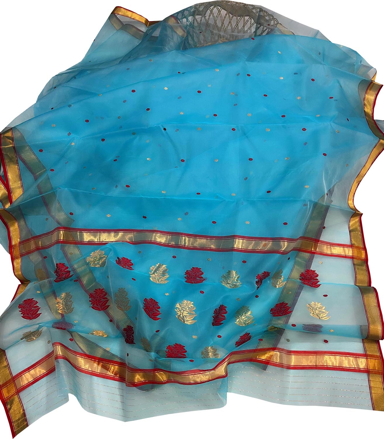 Blue Chanderi Handloom Pure Katan Organza Flower Design Saree - Luxurion World