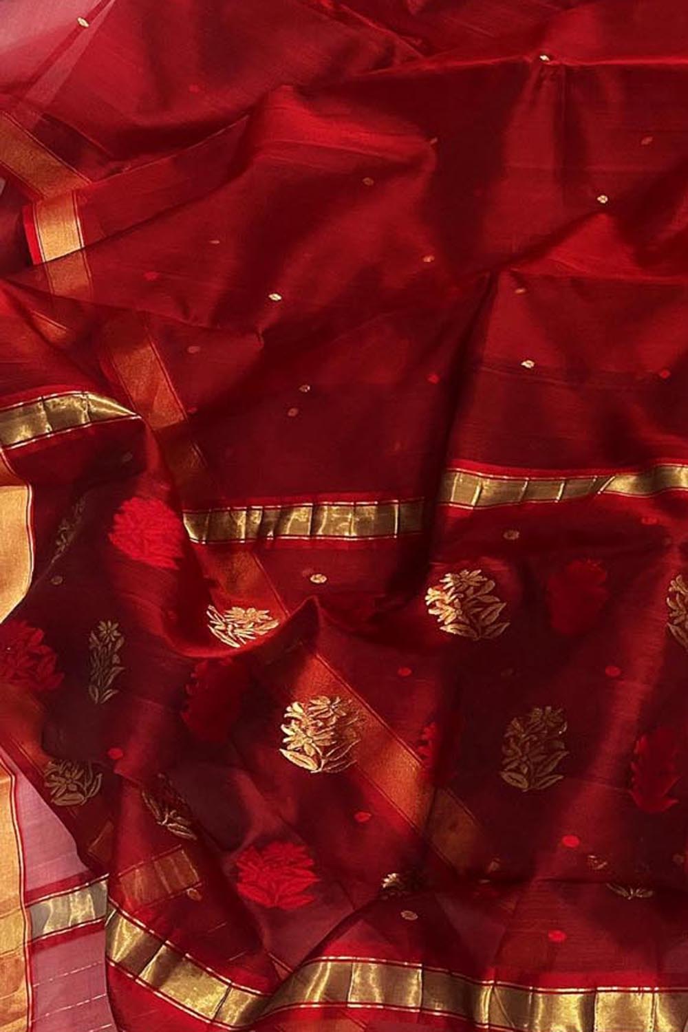 Elegant Maroon Chanderi Handloom Pure Katan Organza Flower Design Saree - Luxurion World