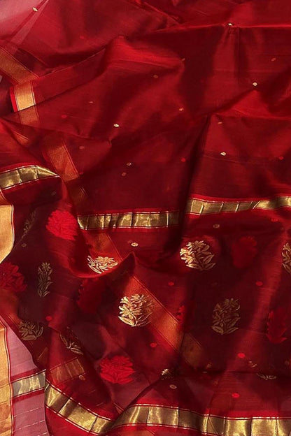 Elegant Maroon Chanderi Handloom Pure Katan Organza Flower Design Saree - Luxurion World