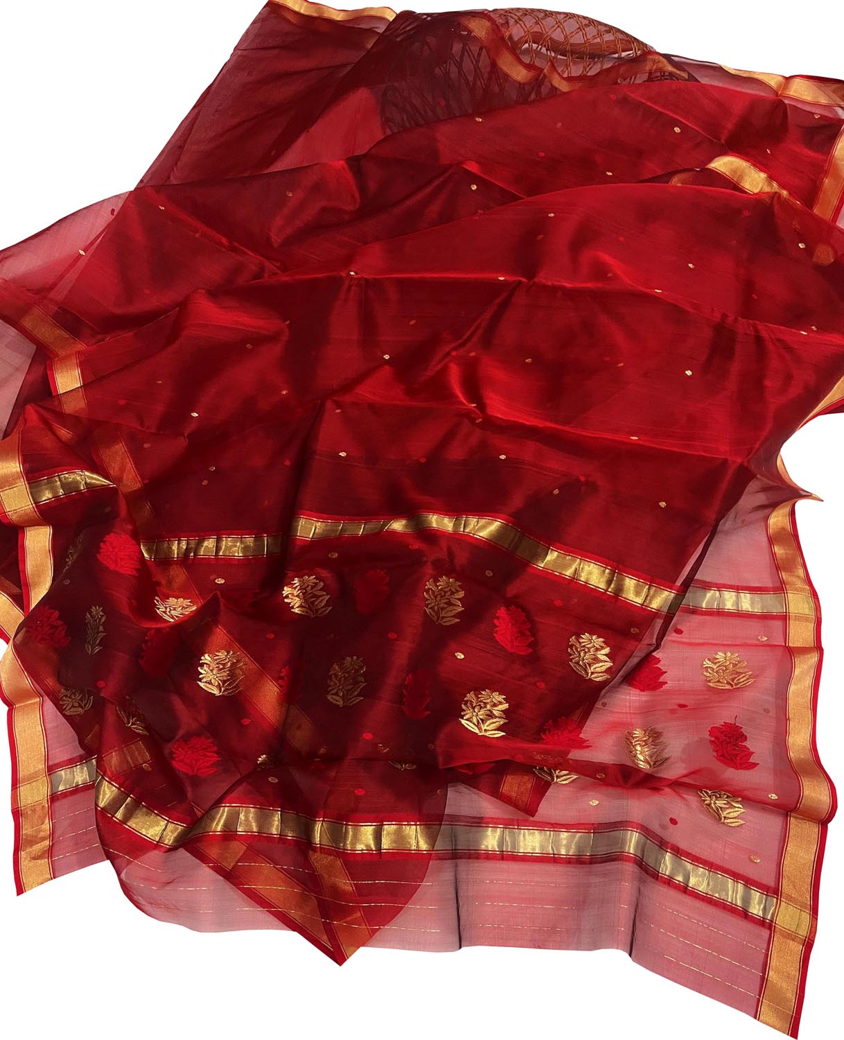 Elegant Maroon Chanderi Handloom Pure Katan Organza Flower Design Saree - Luxurion World