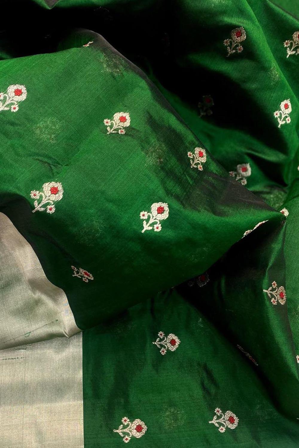 Green Chanderi Handloom Pure Silk Flower Design Meenakari Saree - Luxurion World