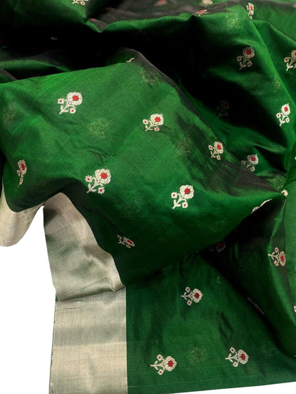 Green Chanderi Handloom Pure Silk Flower Design Meenakari Saree - Luxurion World