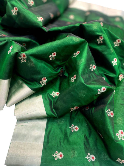 Green Chanderi Handloom Pure Silk Flower Design Meenakari Saree - Luxurion World