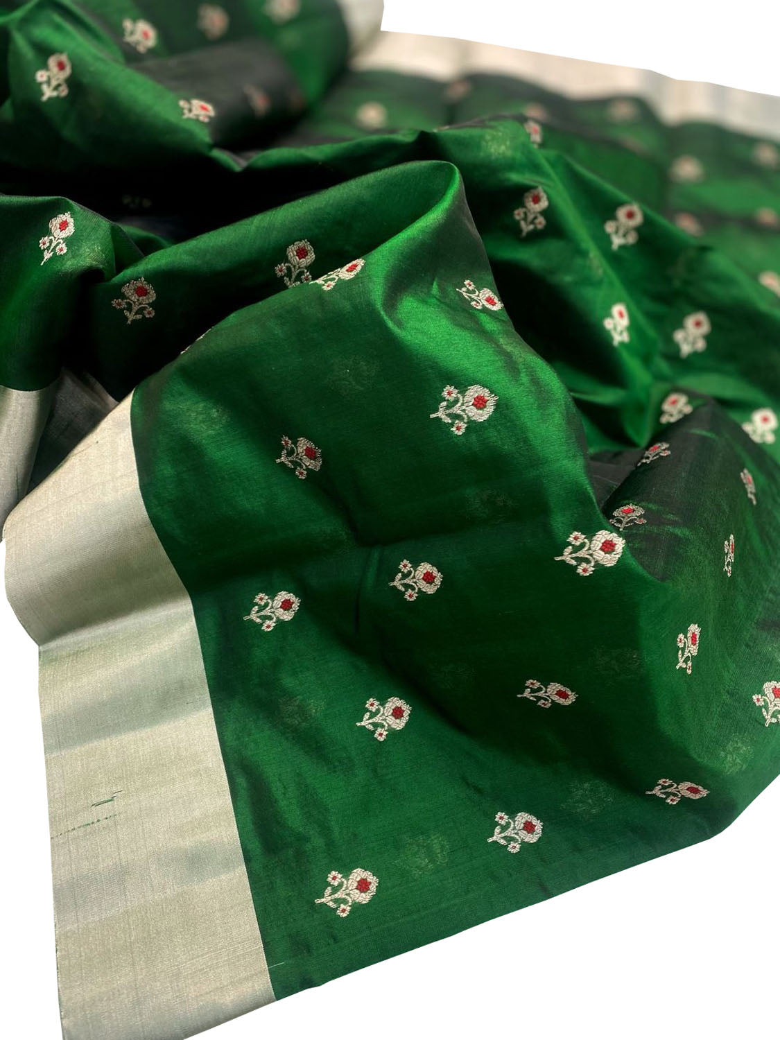 Green Chanderi Handloom Pure Silk Flower Design Meenakari Saree - Luxurion World