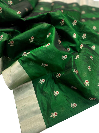 Green Chanderi Handloom Pure Silk Flower Design Meenakari Saree - Luxurion World