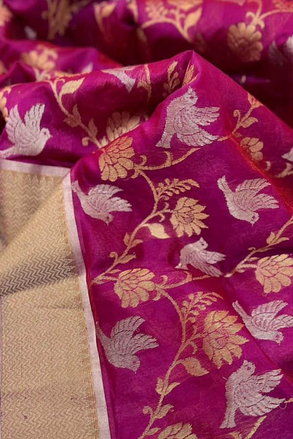 Pink Chanderi Handloom Pure Silk Flower And Bird Design Sona Roopa Saree - Luxurion World