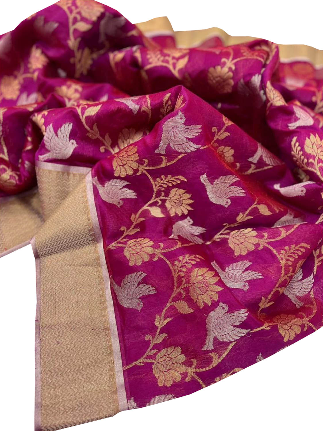 Pink Chanderi Handloom Pure Silk Flower And Bird Design Sona Roopa Saree - Luxurion World