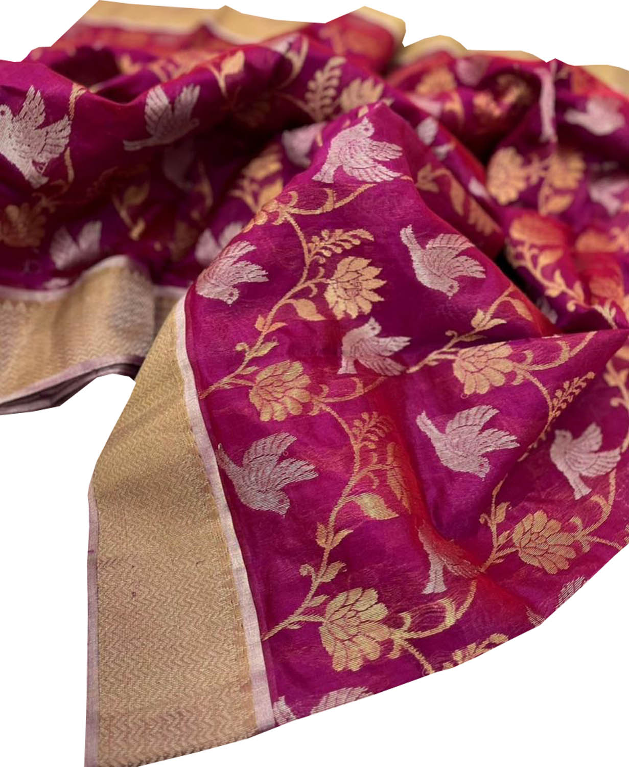 Pink Chanderi Handloom Pure Silk Flower And Bird Design Sona Roopa Saree - Luxurion World