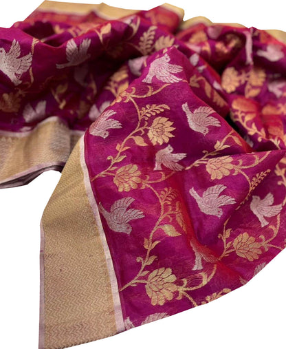 Pink Chanderi Handloom Pure Silk Flower And Bird Design Sona Roopa Saree - Luxurion World