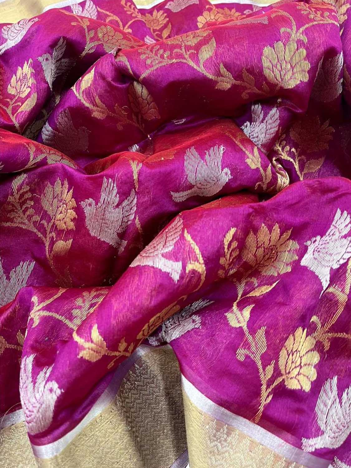 Pink Chanderi Handloom Pure Silk Flower And Bird Design Sona Roopa Saree - Luxurion World