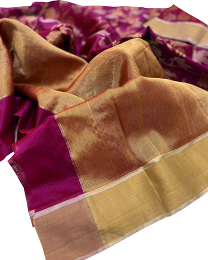 Pink Chanderi Handloom Pure Silk Flower And Bird Design Sona Roopa Saree - Luxurion World