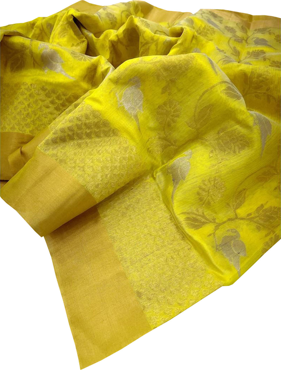 Yellow Chanderi Handloom Pure Silk Bird And Flower Design Saree - Luxurion World