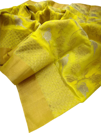 Yellow Chanderi Handloom Pure Silk Bird And Flower Design Saree - Luxurion World
